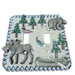 Rustic Wildlife Double Toggle Ceramic Switch Plate Moose Bear Canoe Fish Pines